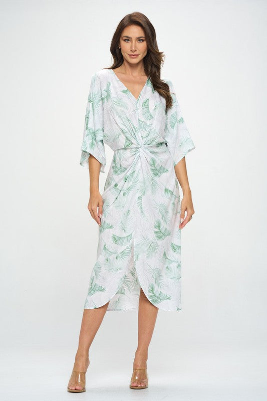 Tropical Leaf Print Kimono Dress with Front Twist
