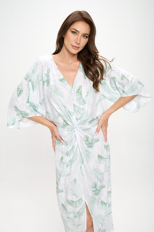 Tropical Leaf Print Kimono Dress with Front Twist