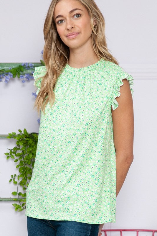 Plus Floral Sleeveless Ruffle Pleated Top