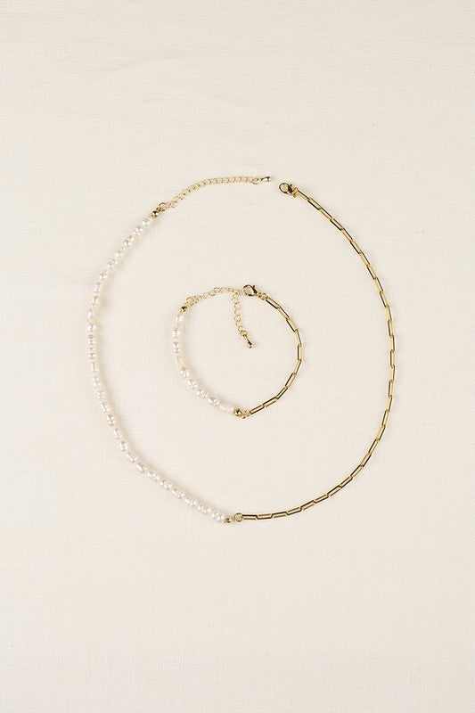Natural pearl chain bracelet, necklace set - gold