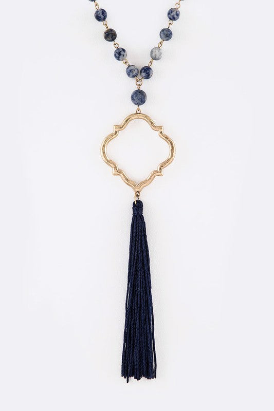 Silk Tassel Quarterfoil Pendant Drop Long Necklace