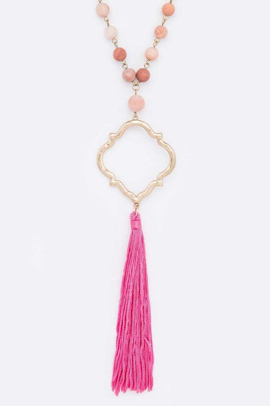 Silk Tassel Quarterfoil Pendant Drop Long Necklace