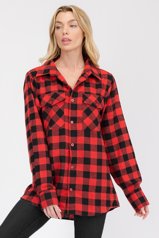 Boyfriend Fit Checker Plaid Flannel Long Sleeve