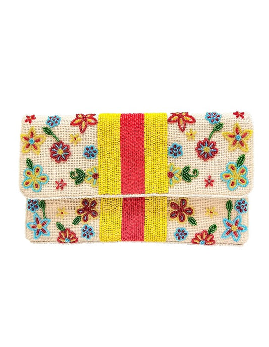 Yellow Stripe Florals Beaded Clutch LAC-SS-585