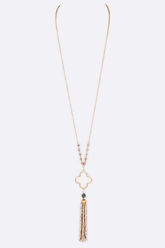 Beaded Tassel Clover Pendant Long Necklace