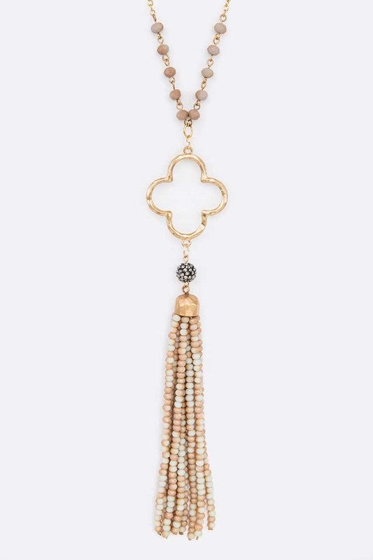 Beaded Tassel Clover Pendant Long Necklace