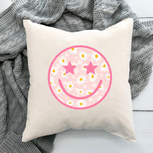 Floral Smiley Face Pillow Cover