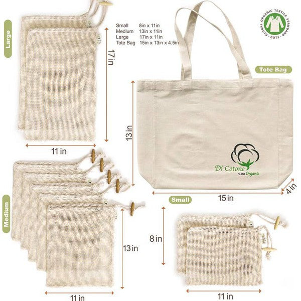 Reusable Organic Cotton Tote Mesh Bag w/6 Sleeves.