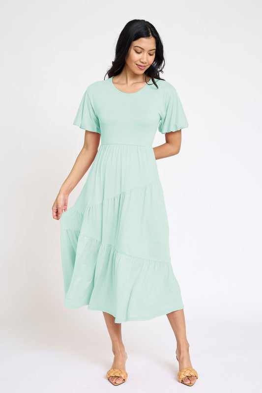 Solid Diagonal Tiered Flowy Dress