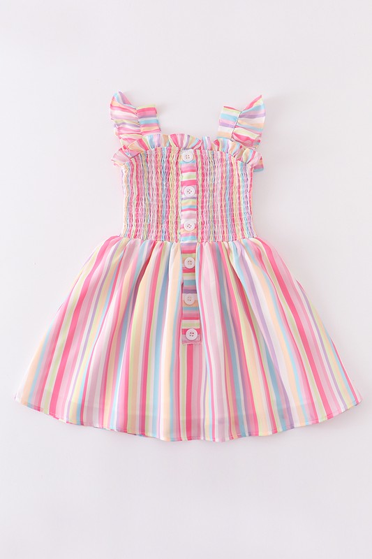 Pink stripe smocked ruffle dress