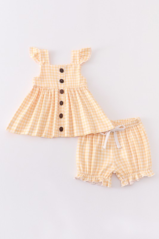 Beige plaid buttons ruffle baby set