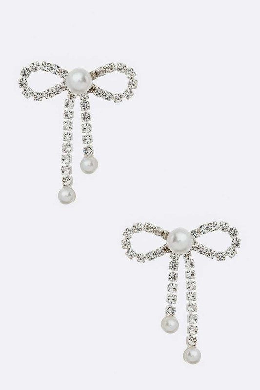 Pearl Accent Bow Tie Rhinestone Earrings