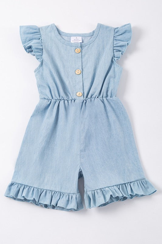 Blue ruffle button denim girl jumpsuit