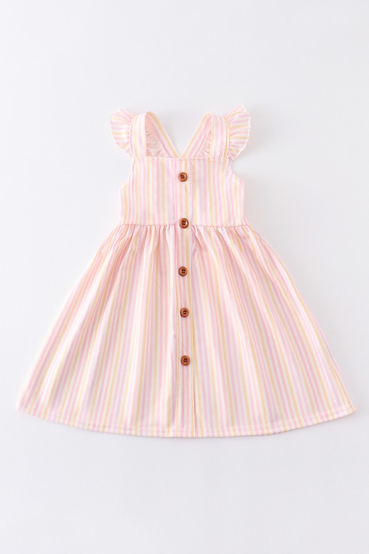 Pink stripe flutter trim buttons girl dress