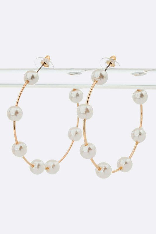 Faux Pearl Station Hoop Earrings