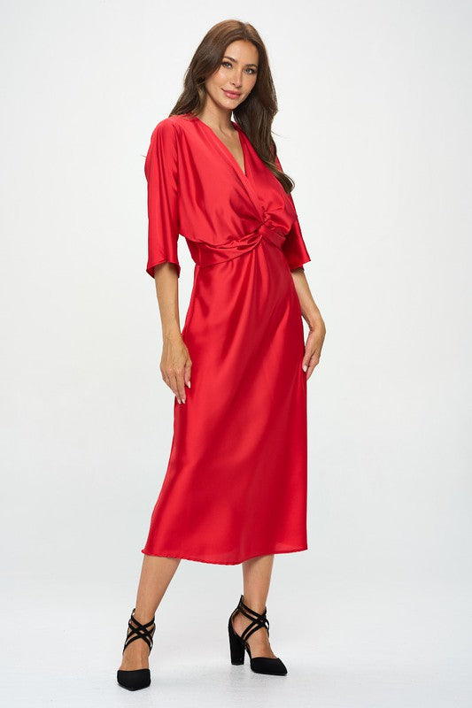 Satin Stretch Solid Dress with Front Twis