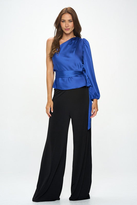 Stretch Satin One Shoulder Formal Top with Tie