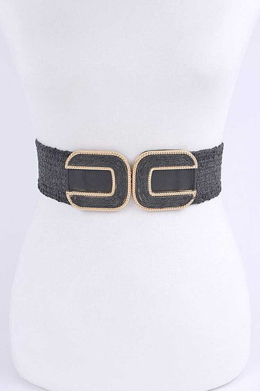 Double Buckle Faux Straw Elastic Belt