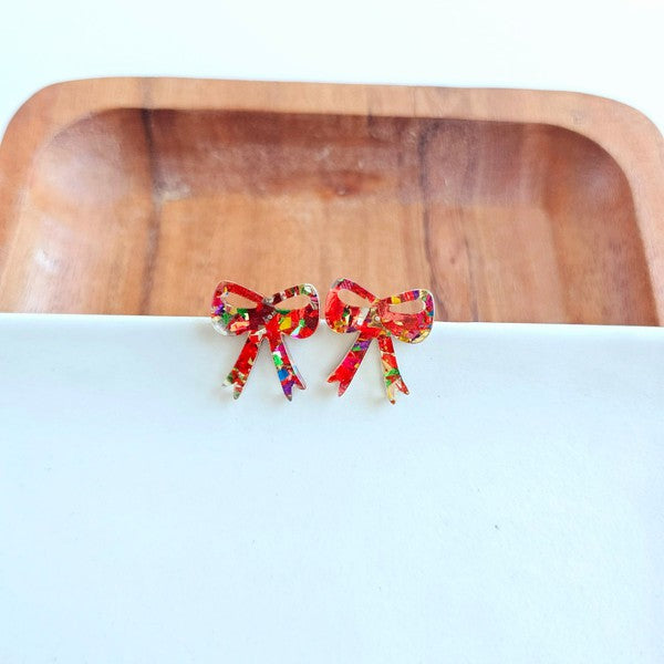 Bow Studs - Red Sparkle