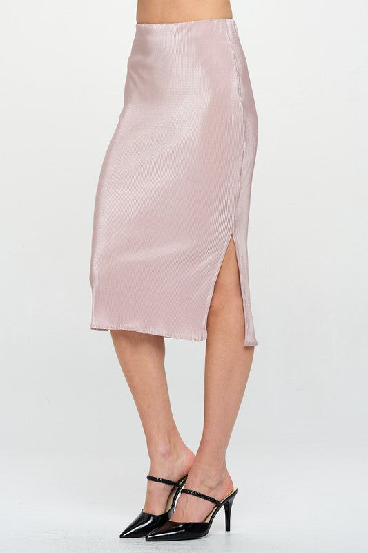 Made in USA Solid Plisse Midi Skirt with Slit