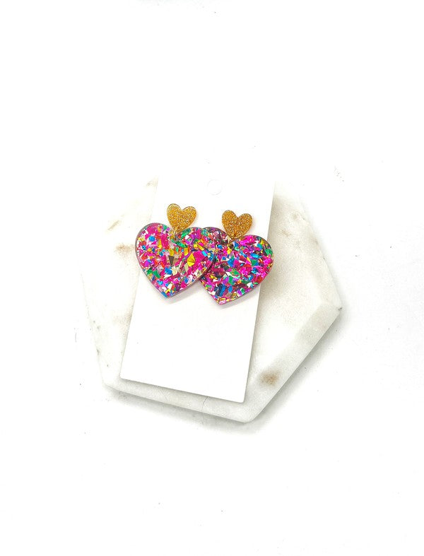 Queen of Heart Glitter Acrylic Earrings Valentines