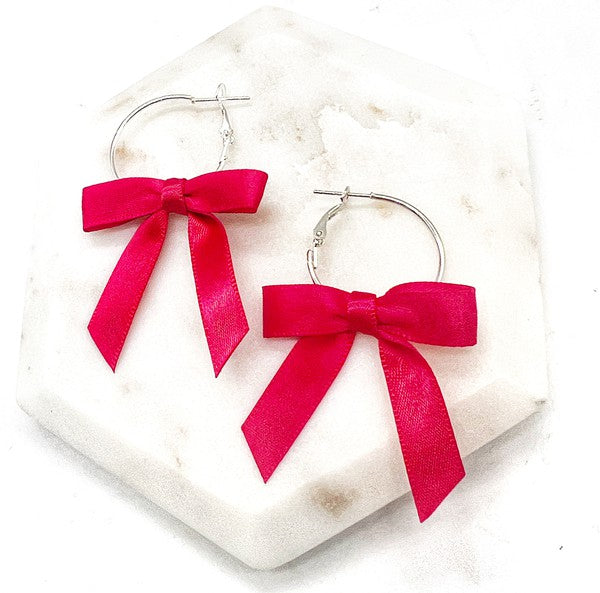 Red Ribbon Bow Hoop Earrings Holiday