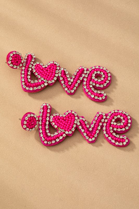 Hot pink love seed bead rhinestone earrings