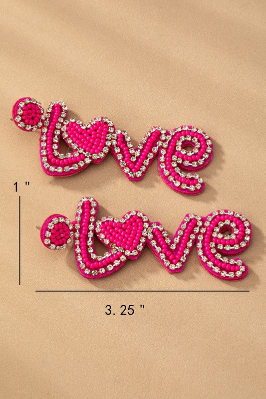Hot pink love seed bead rhinestone earrings