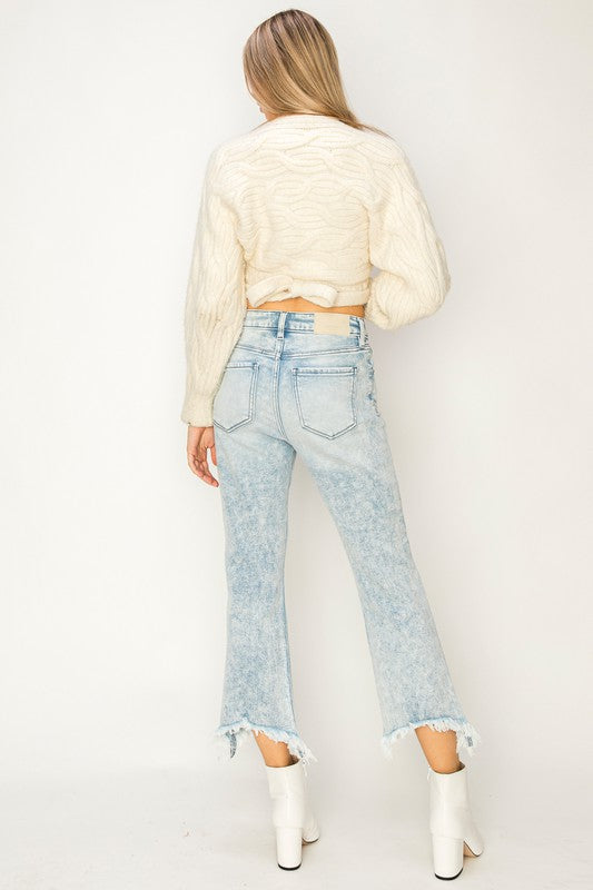HIGH RISE STRETCH CROP FLARE WITH FRAYED HEM JEANS