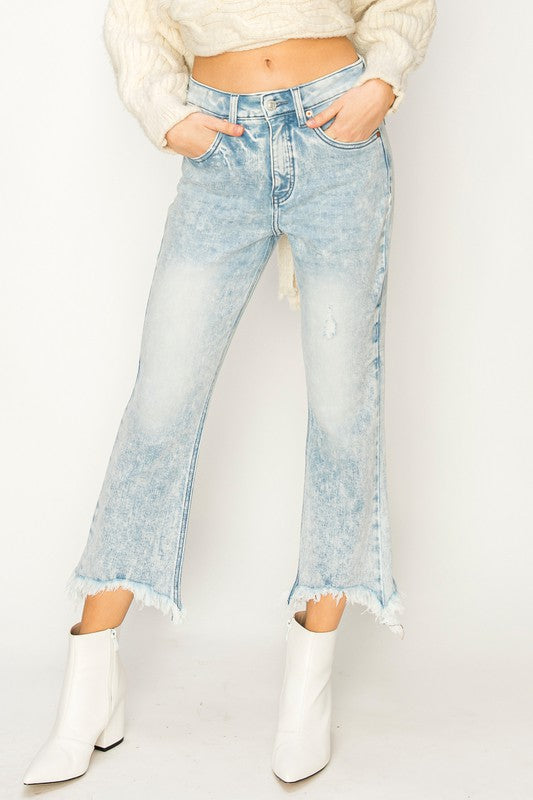 HIGH RISE STRETCH CROP FLARE WITH FRAYED HEM JEANS