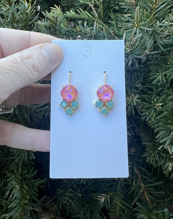 Pink Green Crystal Gem Earrings