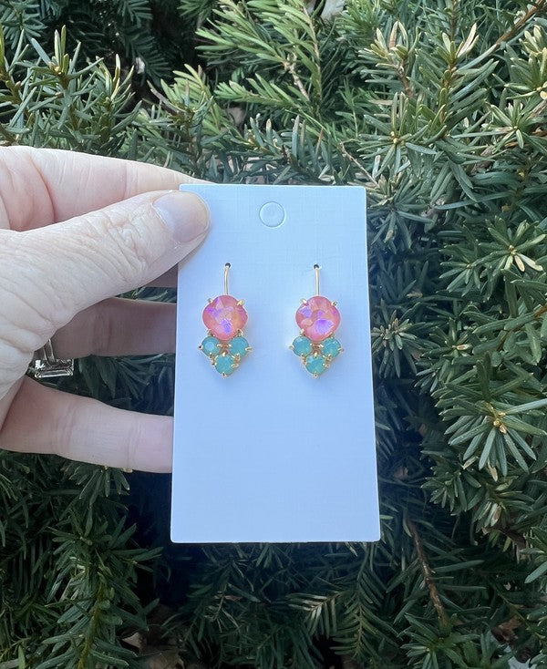 Pink Green Crystal Gem Earrings