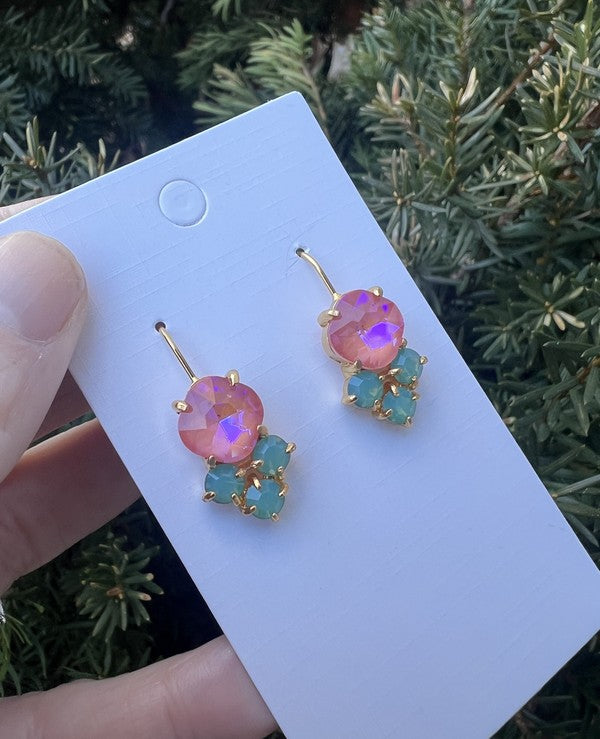 Pink Green Crystal Gem Earrings