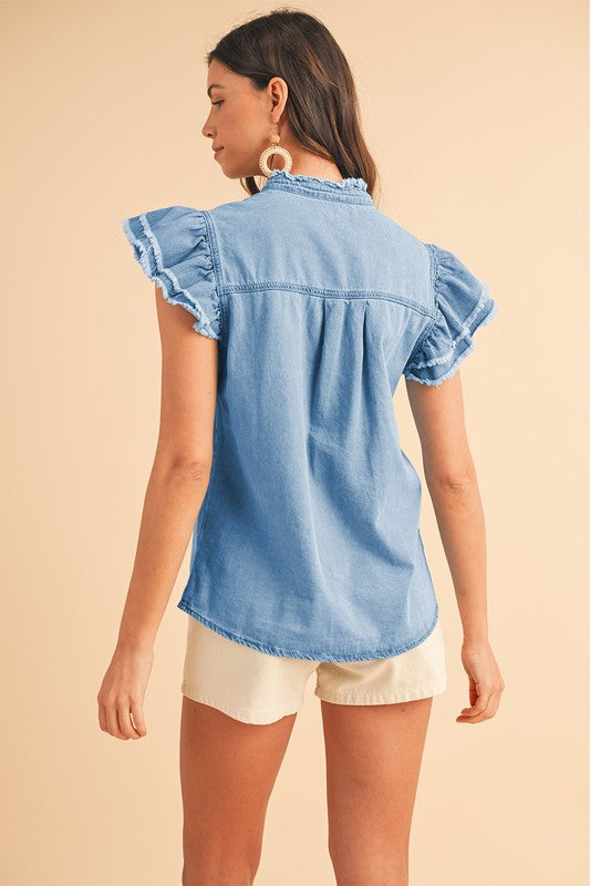 Button Front Ruffled Flutter Frayed Denim Top