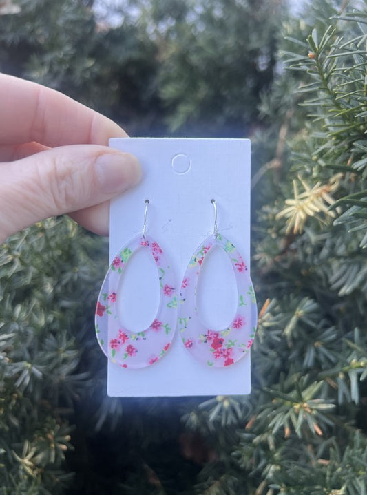 White Red Floral Flower Acrylic Teardrop Earrings