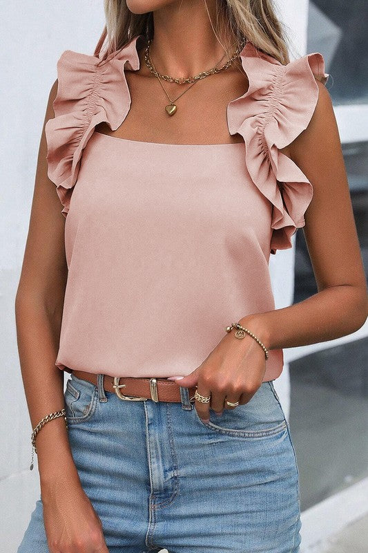 Solid Ruffle Trim Sleeveless Blouse