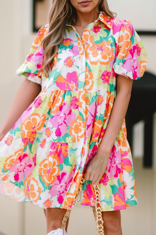 Floral Puff Sleeve Collar Buttoned Babydoll Dress