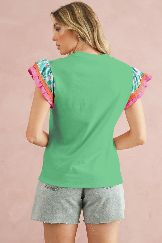 Contrast Ricrac Floral Sleeve Top