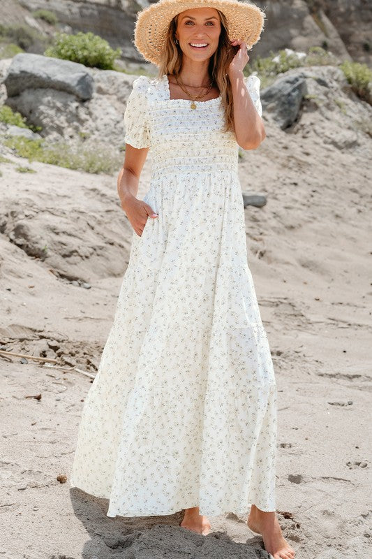 Women Shirred Bodice Tiered Floral Maxi Dress