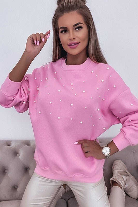 Women Pearl Detail Ribbed Crew Neck Sweatshirt