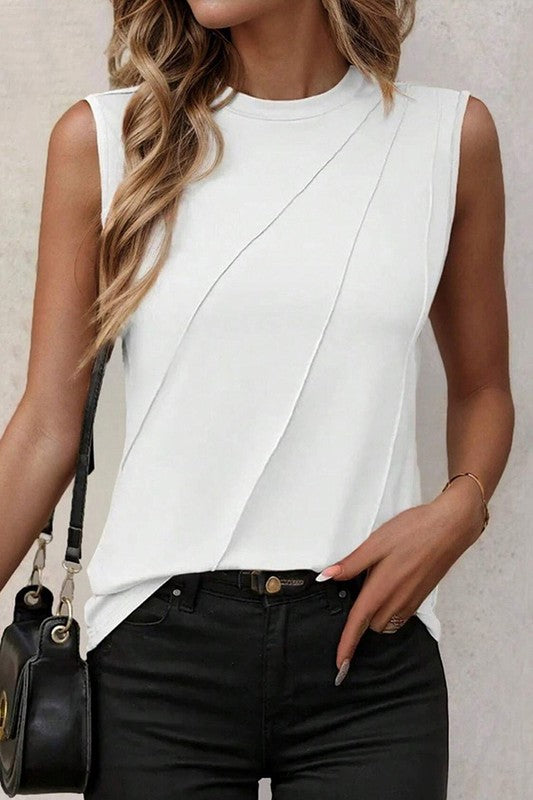 Women White Crew Neck Pleated Tank Top