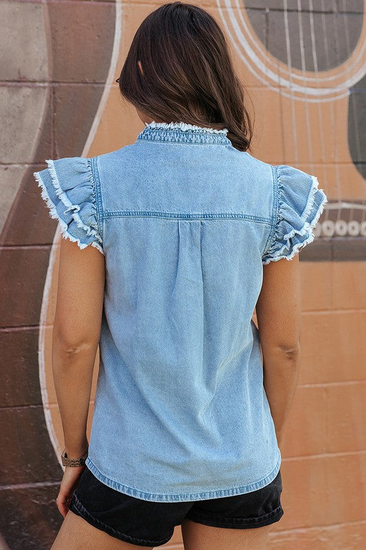 Women Ruffled Flutter Frayed Denim Top