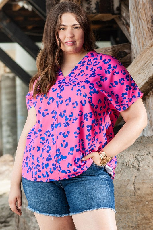 Women Leopard Print Plus Size V Neck Blouse