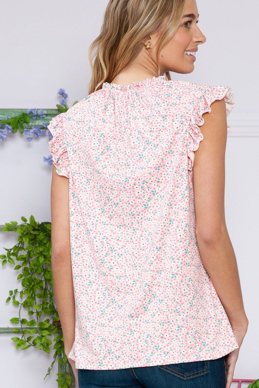 Floral Sleeveless Ruffle Pleated Top