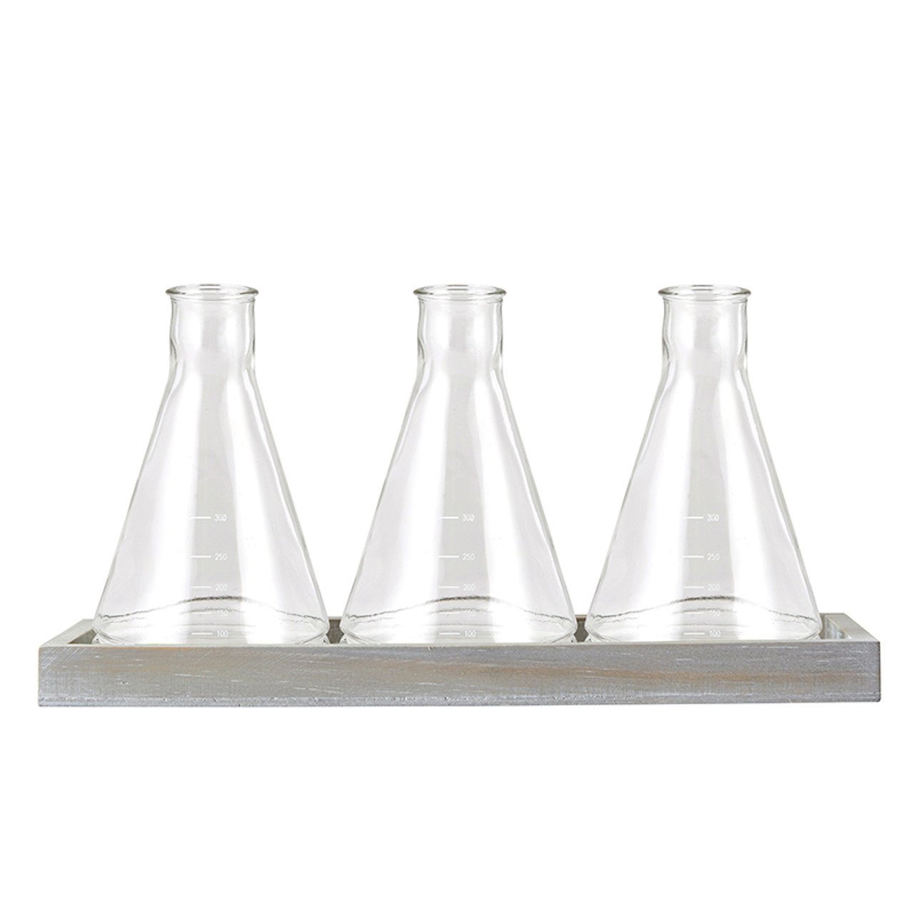 Glass Beaker Vase Trio Set | With Wood Tray
